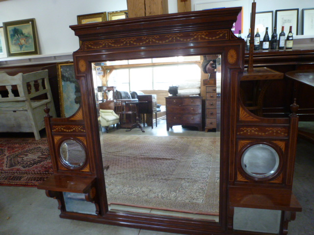 An Edwardian mahogany and inlaid overmantel mirror - Height 130 cm x Width 149 cm