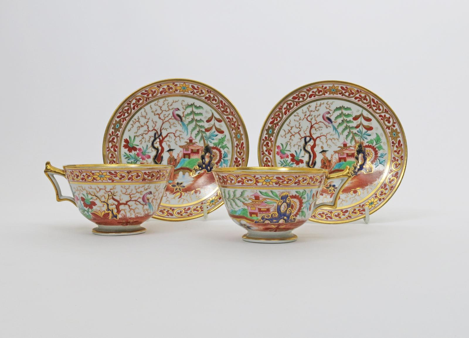 A pair of Flight Barr and Barr cups and saucers  c.1820, decorated in the Imari palette with a - Image 2 of 2