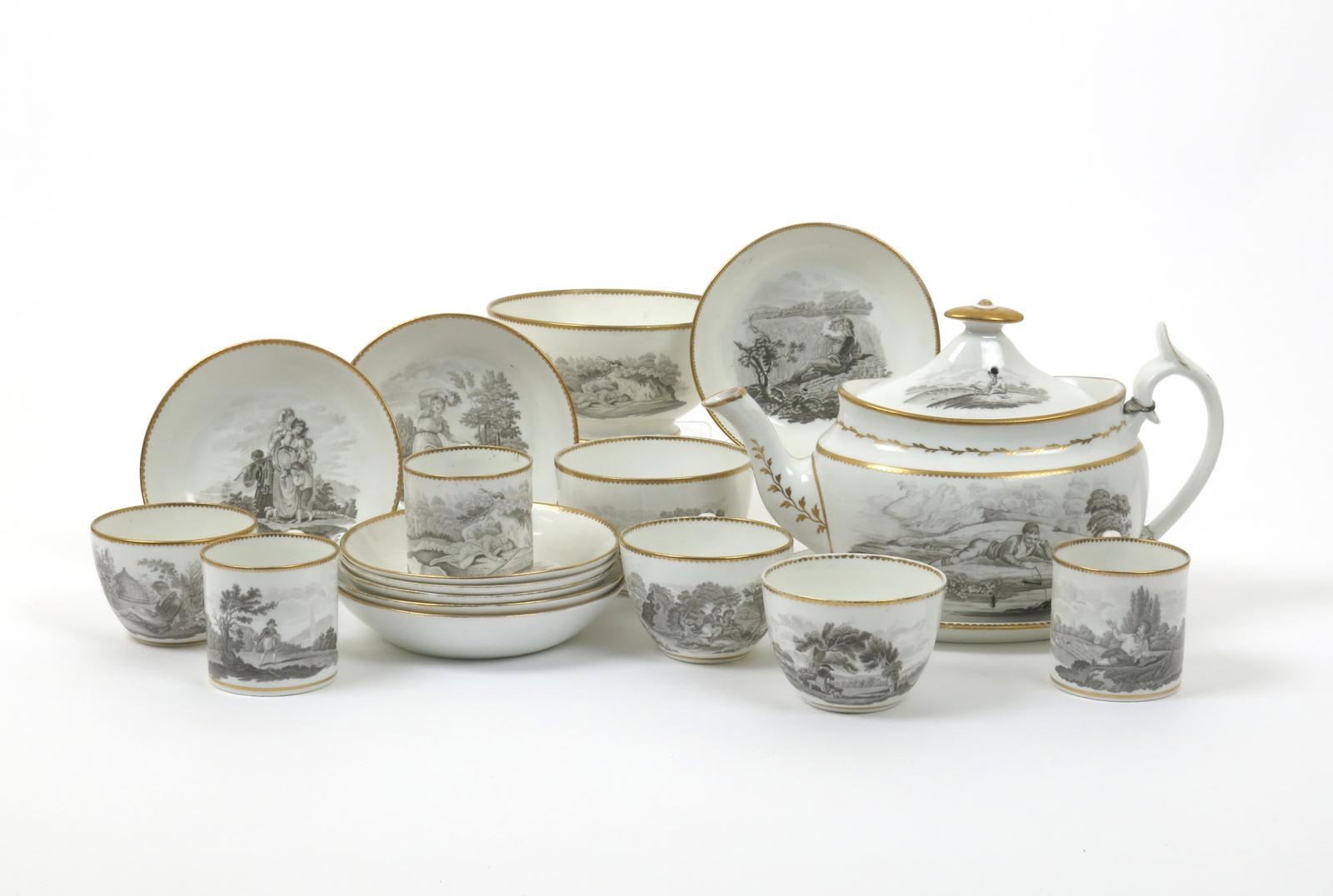 A Spode bat-printed part tea service  c.1805-10, decorated in pattern 1922 with black monochrome