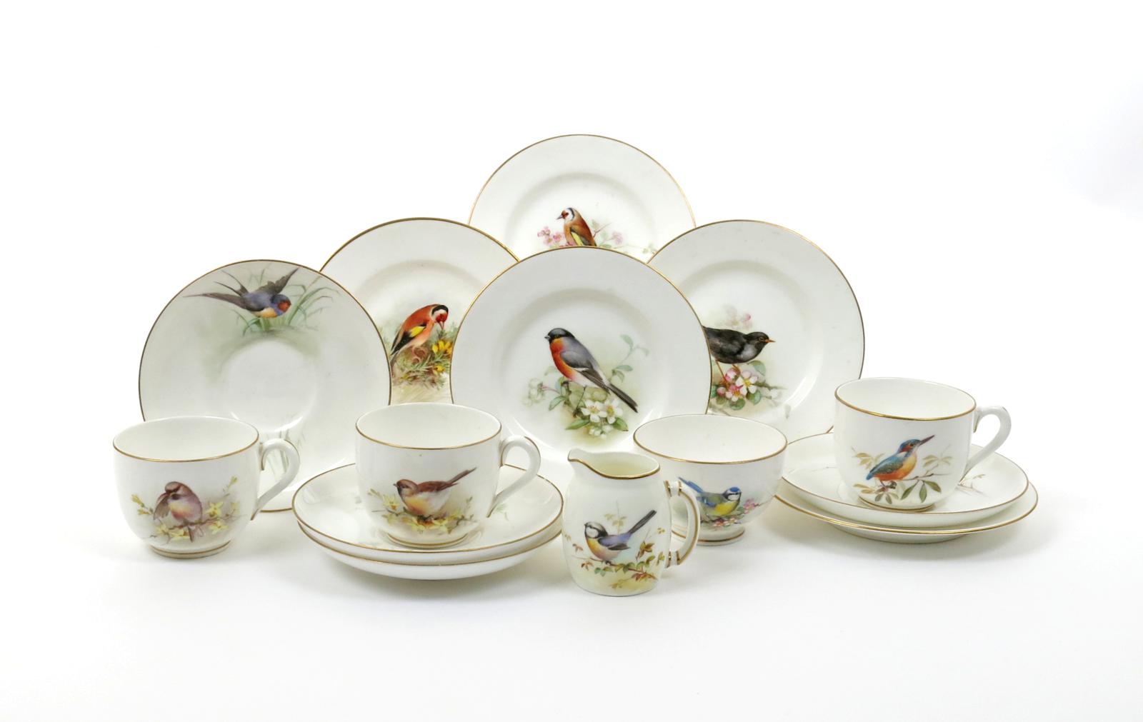 A Royal Worcester combined part ornithological tea service  1st half 20th century, painted by