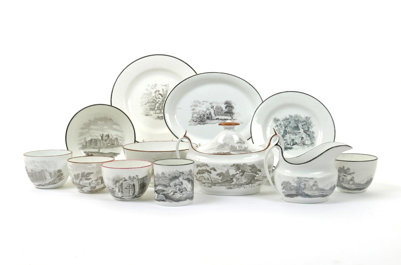 A collection of bat-printed Spode tea wares  1st half 19th century, variously decorated with