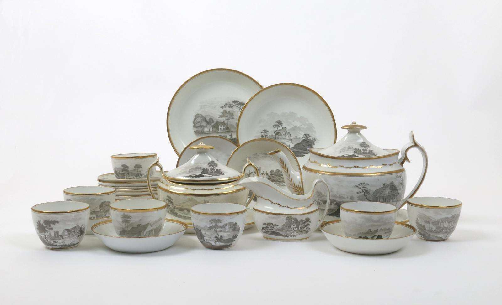 A Spode part tea service  c.1805-10, bat-printed in pattern 557 with pastoral scenes of villagers