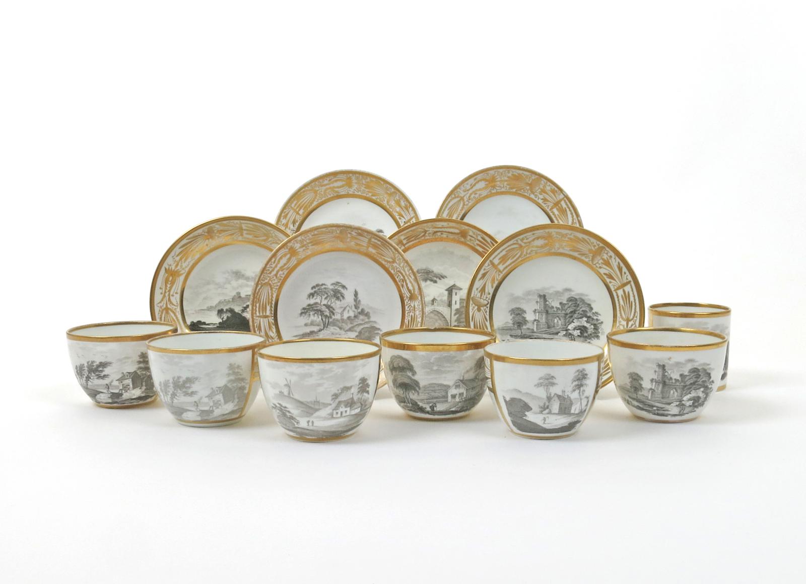 Six Spode tea cups and saucers  c.1810, decorated in pattern 558 with bat-printed scenes of wild