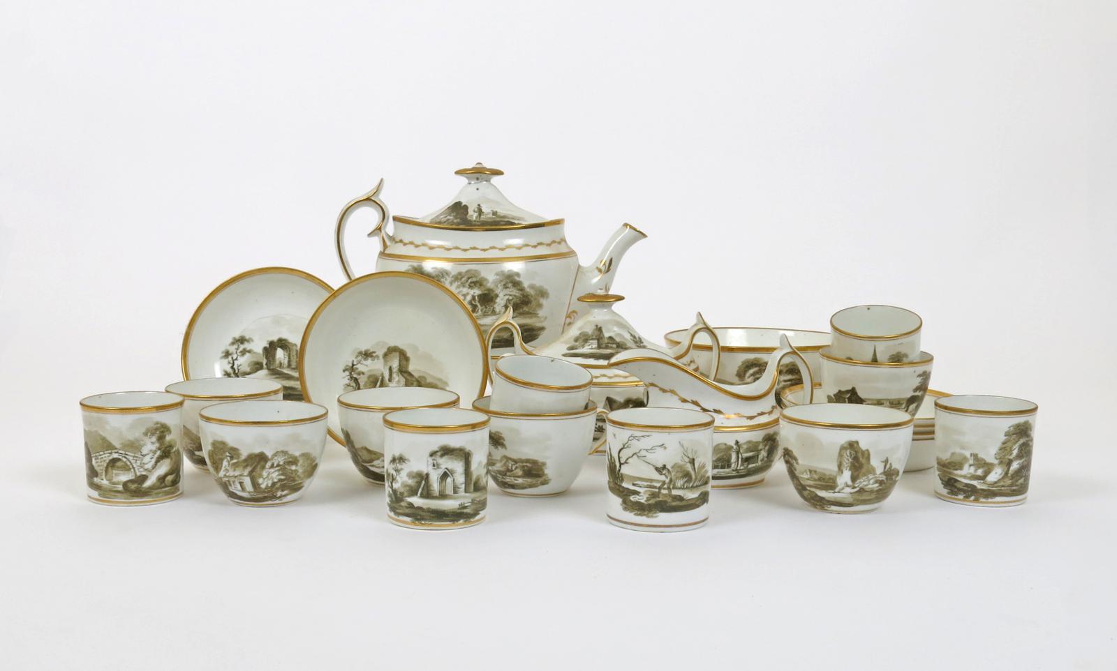 A Spode tea and coffee service  c.1800, painted in pattern 382 with sepia monochrome scenes of