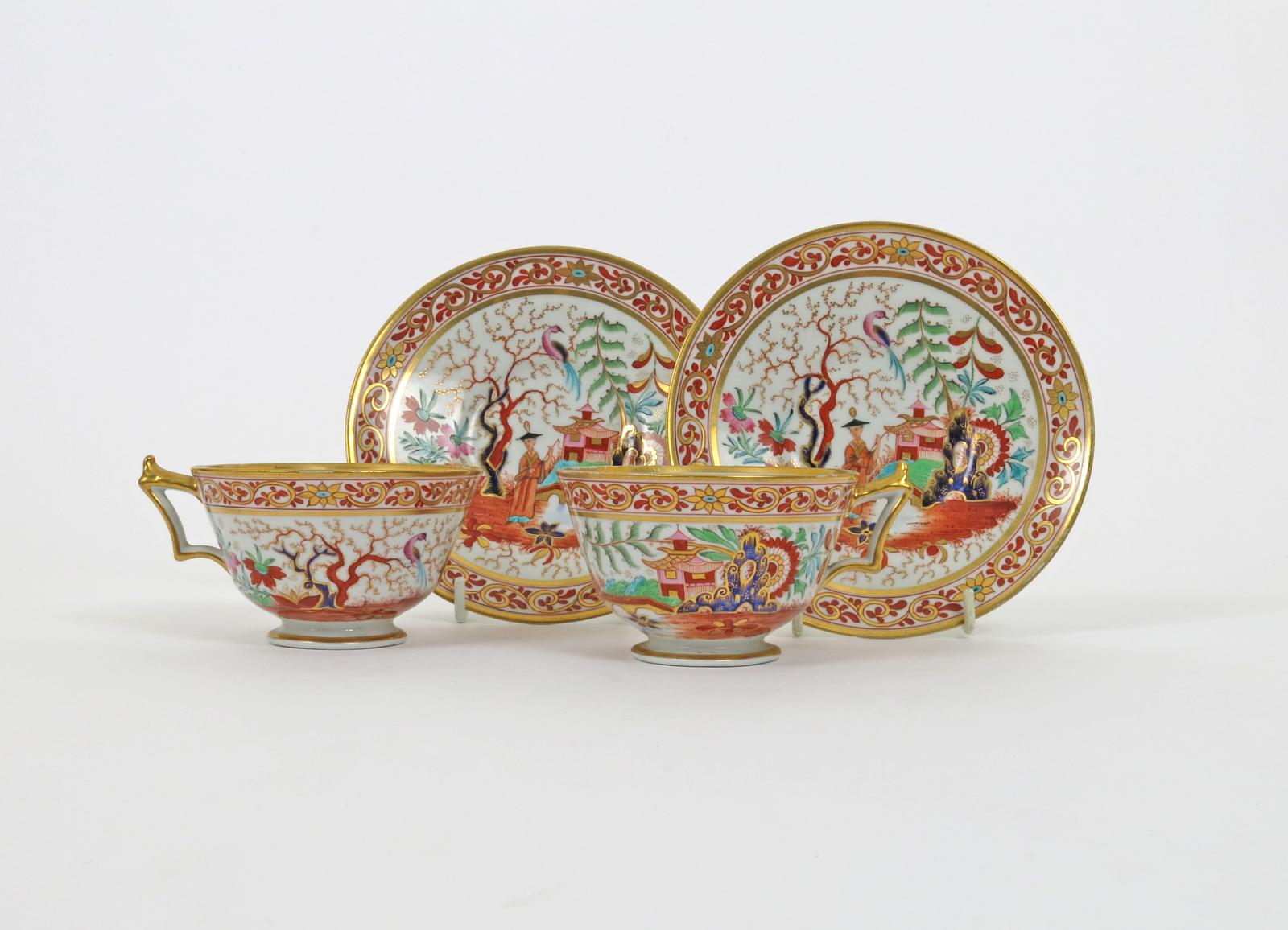 A pair of Flight Barr and Barr cups and saucers  c.1820, decorated in the Imari palette with a