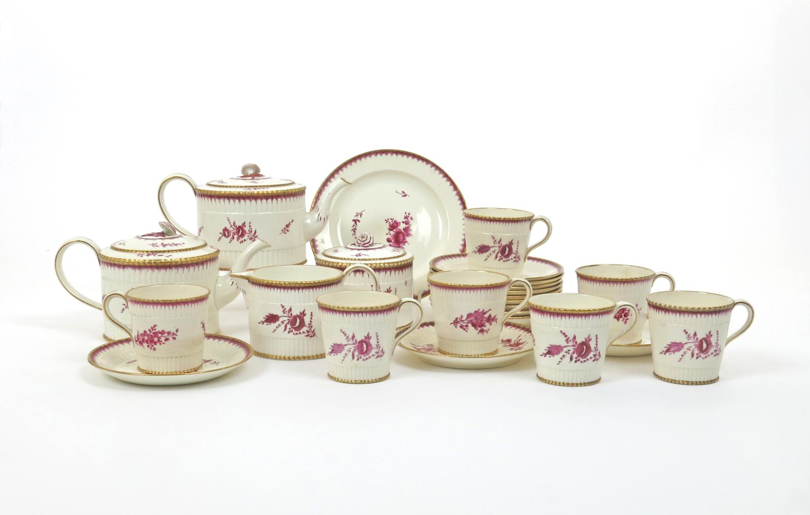 A Wedgwood creamware tea service  late 19th century, the cylindrical fluted forms painted with