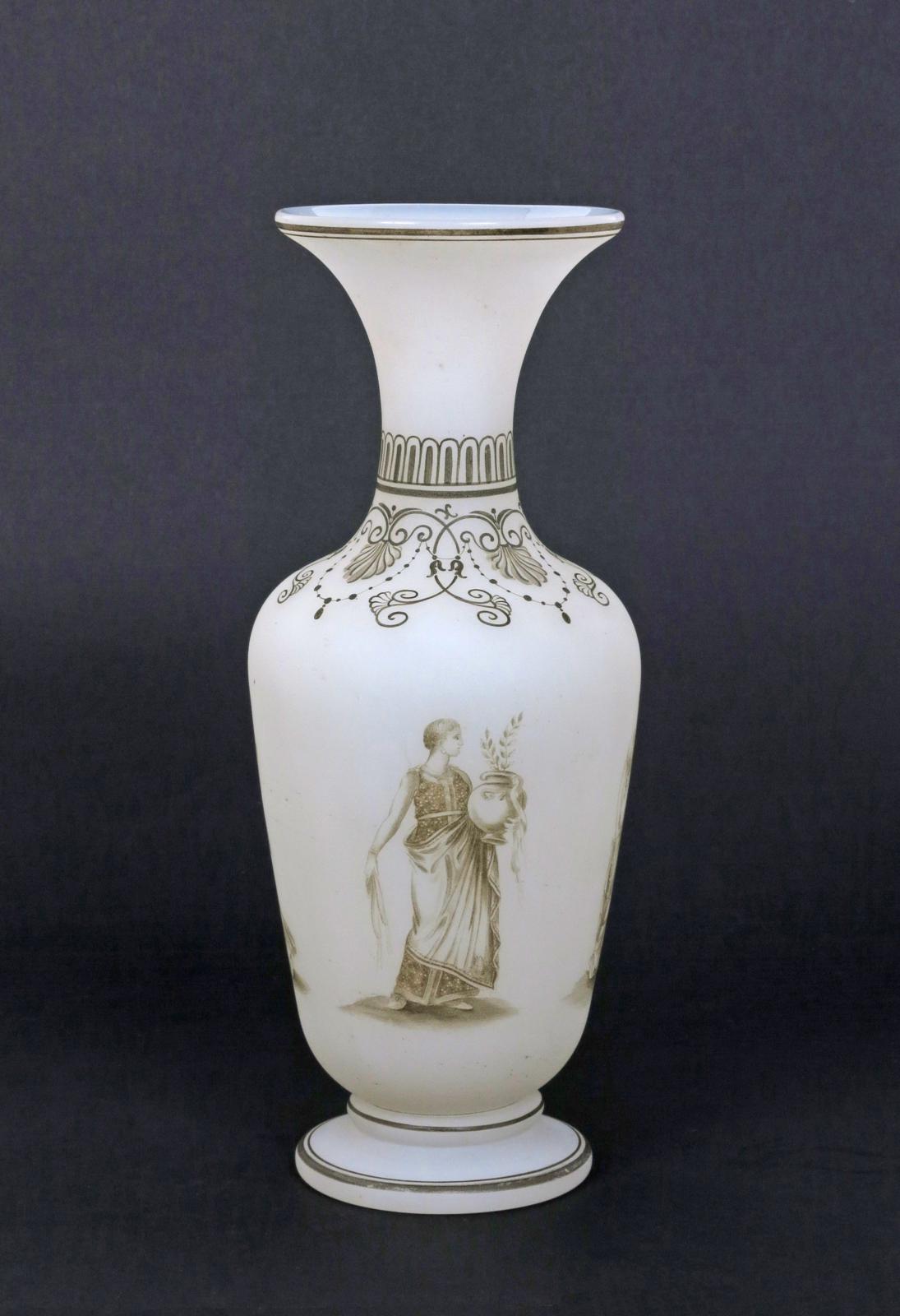 A Richardson `Vitrified Enamel` glass vase  19th century, decorated in sepia monochrome with four