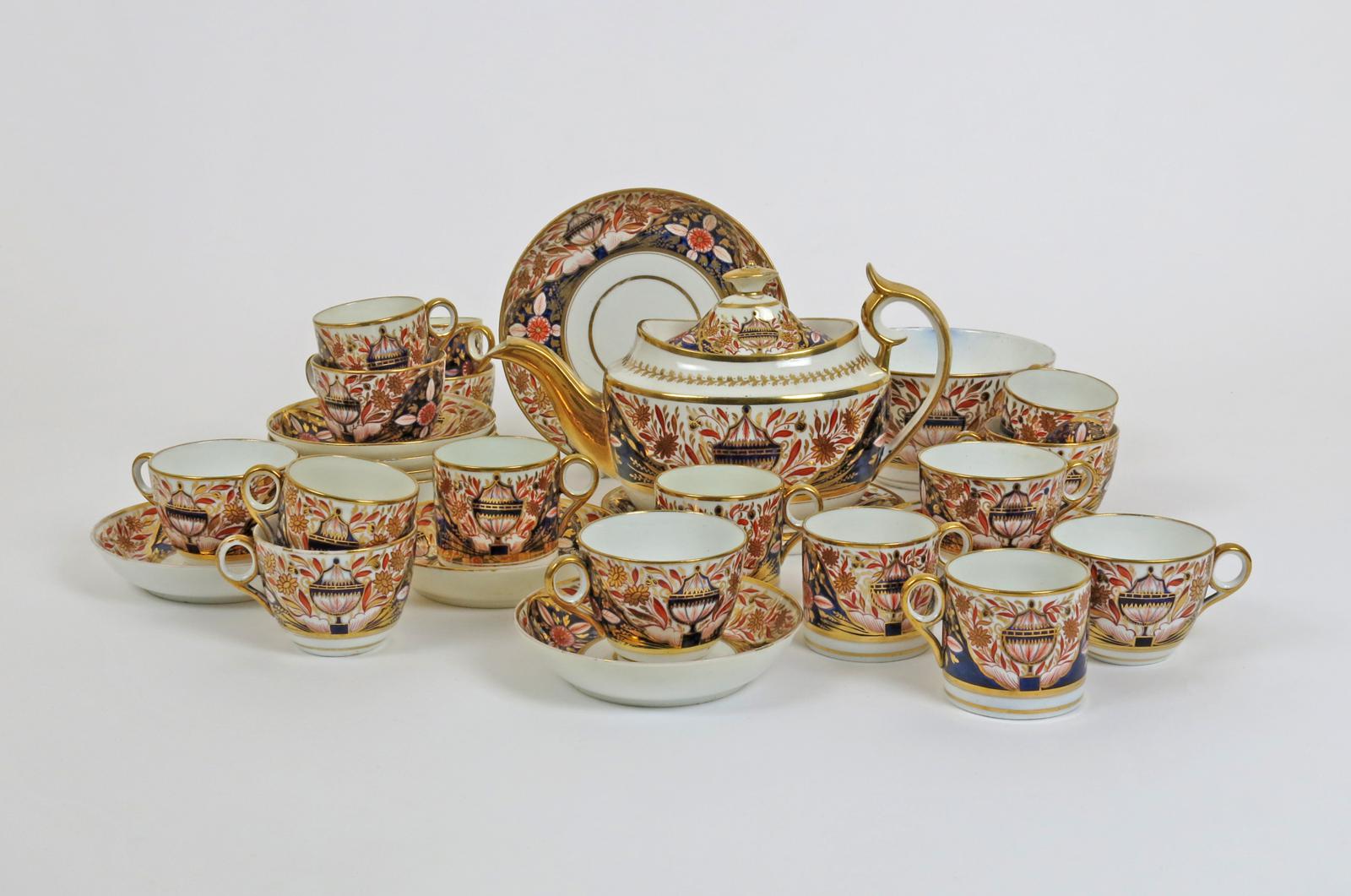 A Minton tea service  c.1830, richly decorated in the Imari palette in pattern 202, with flower