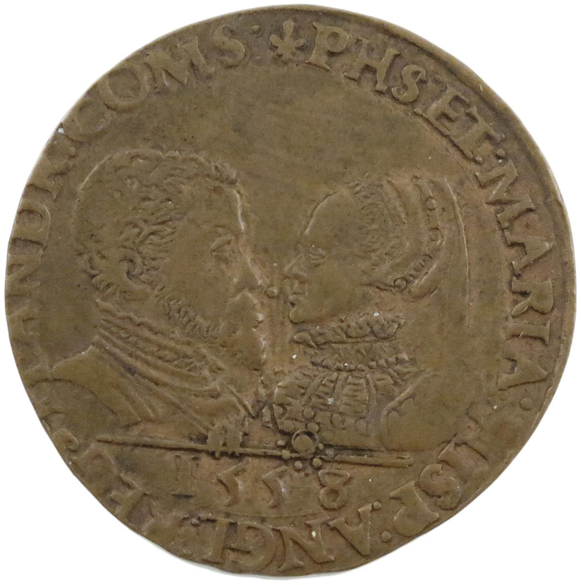Philip II of Spain and Queen Mary, copper counter, 1557/58, coin-like portrait busts vis-à-vis,