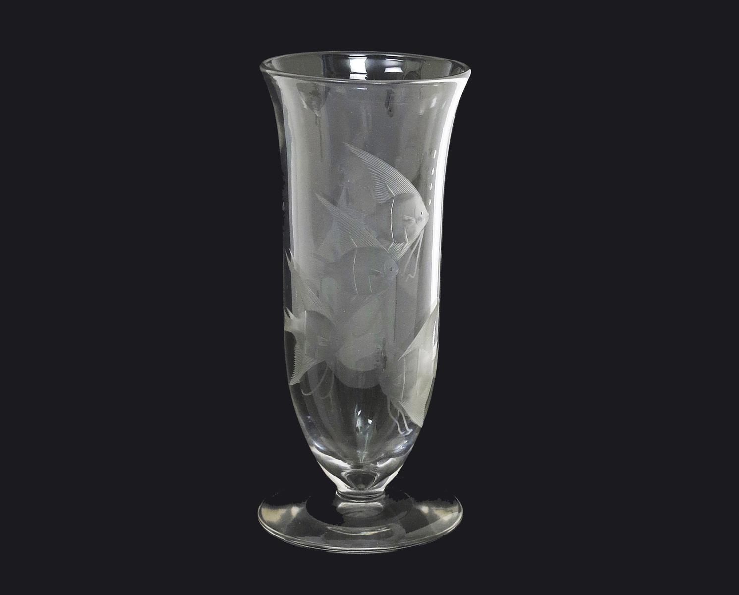 A Stevens & Williams etched and cut glass vase designed by Keith Murray, footed, flaring cylindrical