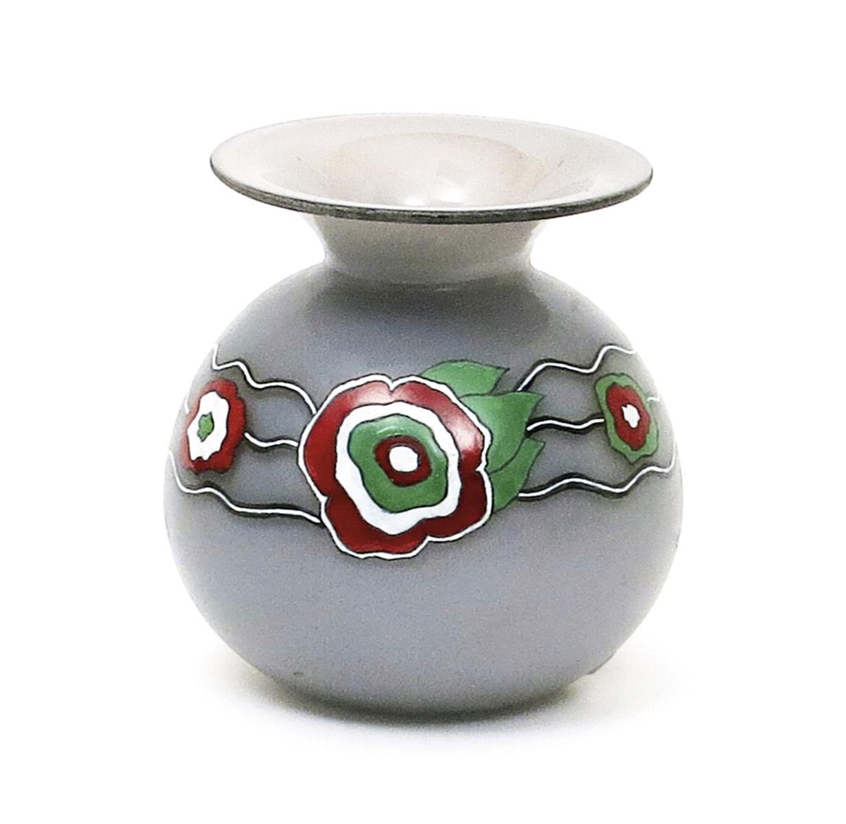An Art Deco enamelled glass vase by Jean Luce,  smoked grey glass enamelled with a band of