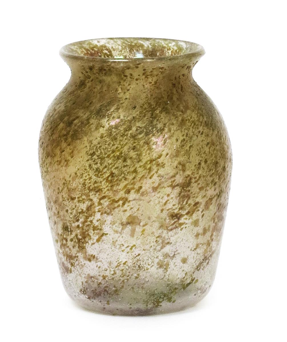 A Stevens & Williams Chameleon glass vase, shouldered form with everted rim, mottled green glass