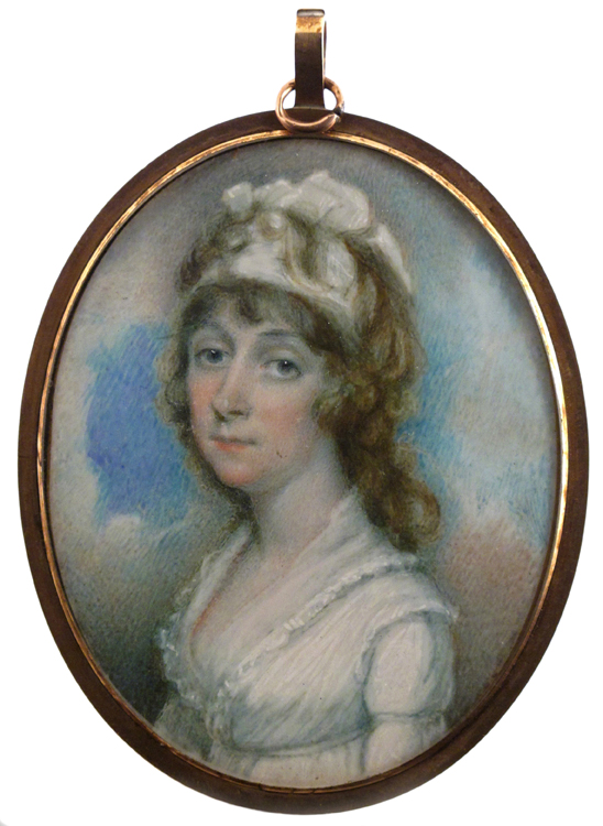 ? English School c.1810 A lady bust length with a white bonnet Oval in a gilt pendant frame 73 x