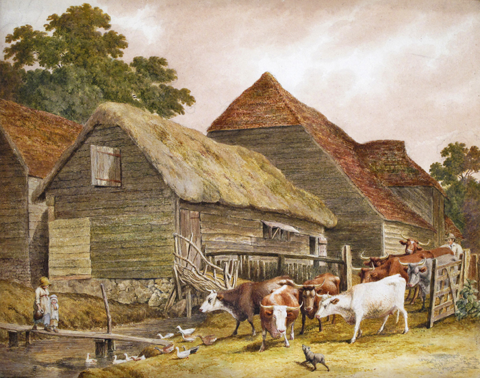 Robert Hills (1769-1844) Children and cattle in a farmyard Signed and dated 1818 Watercolour 40.5