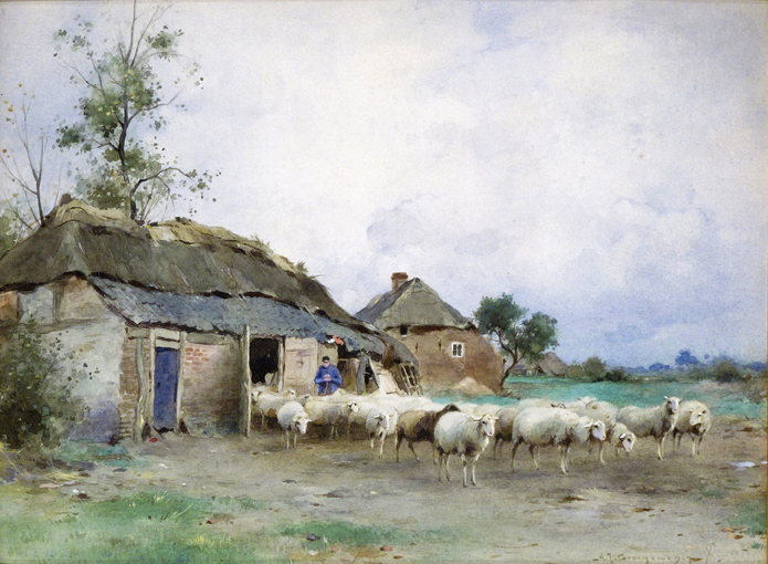‡ Adrianus Johannes Groenewegen (1874-1963) The sheep shed Signed Watercolour 30 x 39cm; 11¾ x 15¼in