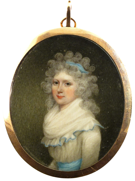 ? Follower of Richard Cosway R.A. A lady half length with a blue sash and hair band Oval in a gilt