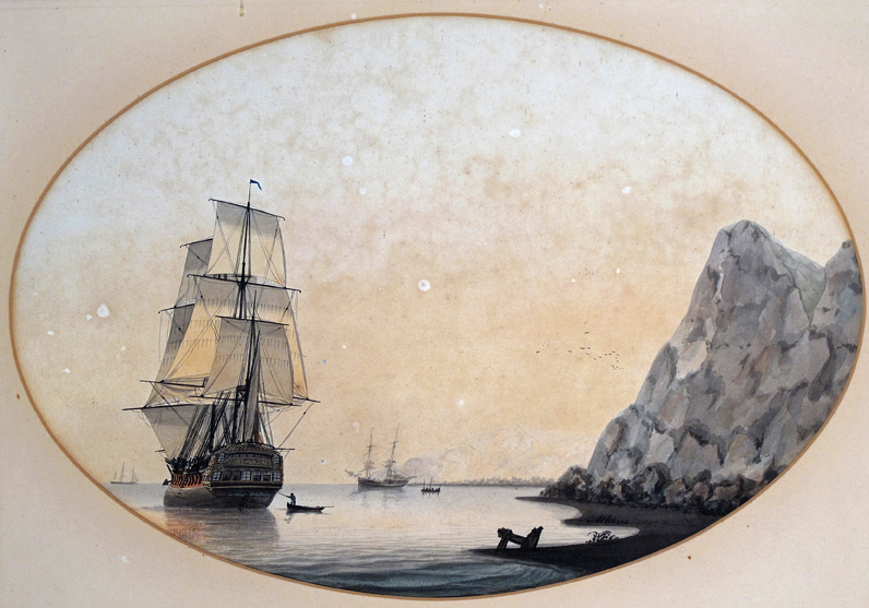 Samuel Atkins (fl.1787-1808) Ships at anchor on the coast Signed Watercolour oval 21.5 x 32cm; 8½