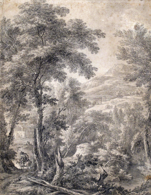 Attributed to Frederik de Moucheron (1633-1686) Woodcutters at work in a mountainous landscape