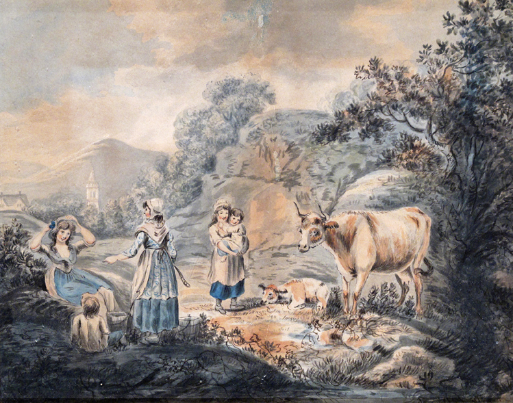 English School c.1800 Milkmaids with children in a landscape; Watercolour 26 x 32cm; 10¼ x 12½in