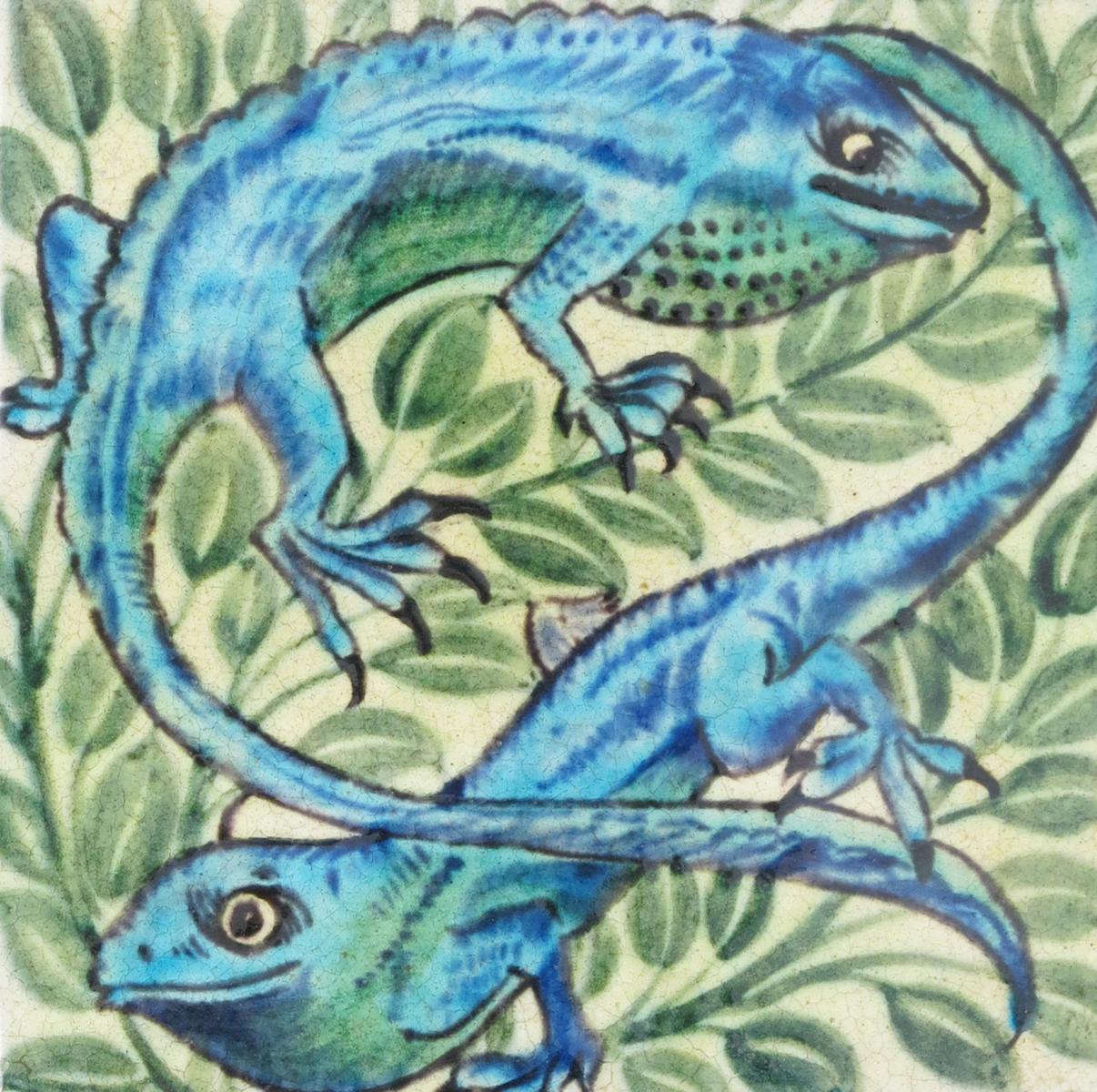 A fine pair of William De Morgan Sand`s End Pottery Chameleon tiles, painted in shades of green - Image 3 of 3