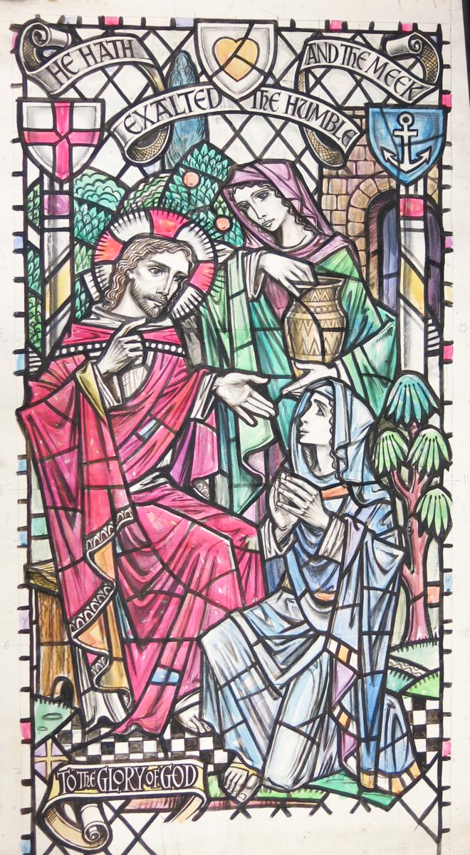 `He Hath Exalted The Humble and the Meek` a large stained glass window design for Ecclesmachan