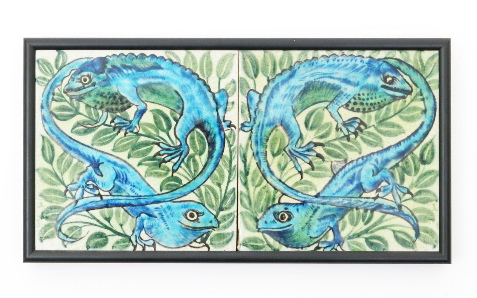 A fine pair of William De Morgan Sand`s End Pottery Chameleon tiles, painted in shades of green - Image 2 of 3