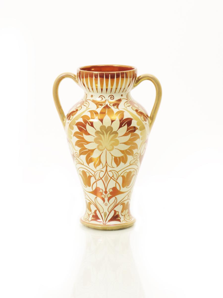 A William De Morgan Sand`s End Pottery double lustre vase, by James Hersey, twin-handled form,