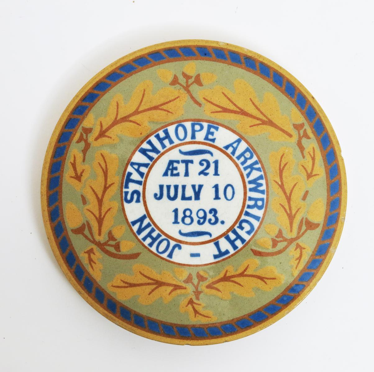 `John Stanhope Arkwright` a Godwin encaustic commemorative tile, the round tile celebrating his 21st - Image 2 of 3