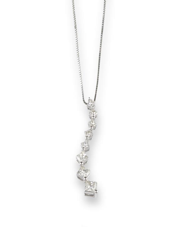 A diamond pendant, set with eight graduated square shaped diamonds in white gold. Fine link white