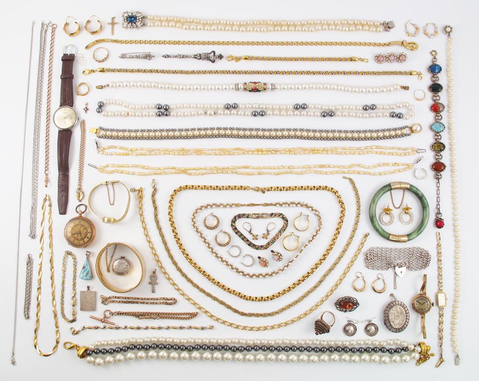 A large quantity of jewellery including three gold wristwatches, a 9ct gold bangle, a gentleman`s