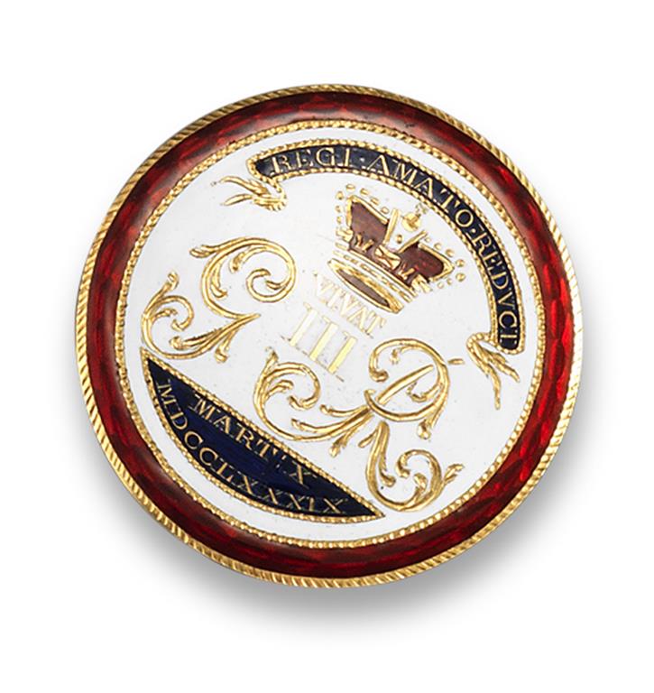 A George III gold and enamel `Recovery` medallion, 3.5cm wide, to celebrate King George III`s return