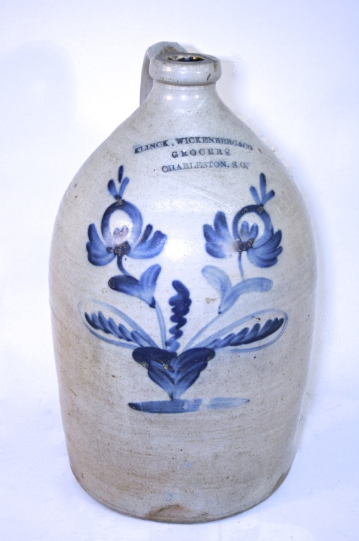 Charleston Merchant`s Stoneware Jug late 19th century. salt-glazed five gallon jug with handle and