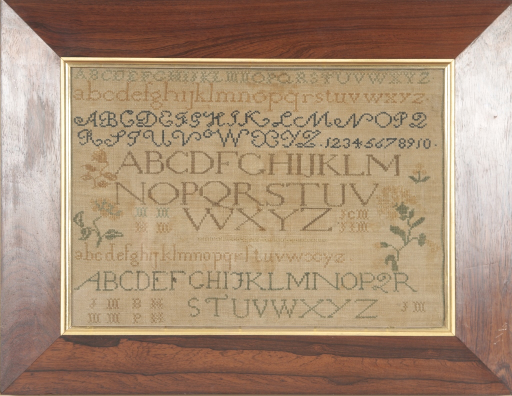 Two Finely Worked 19th Century Samplers one signed ?Achsah Sturgis? that features the alphabet,