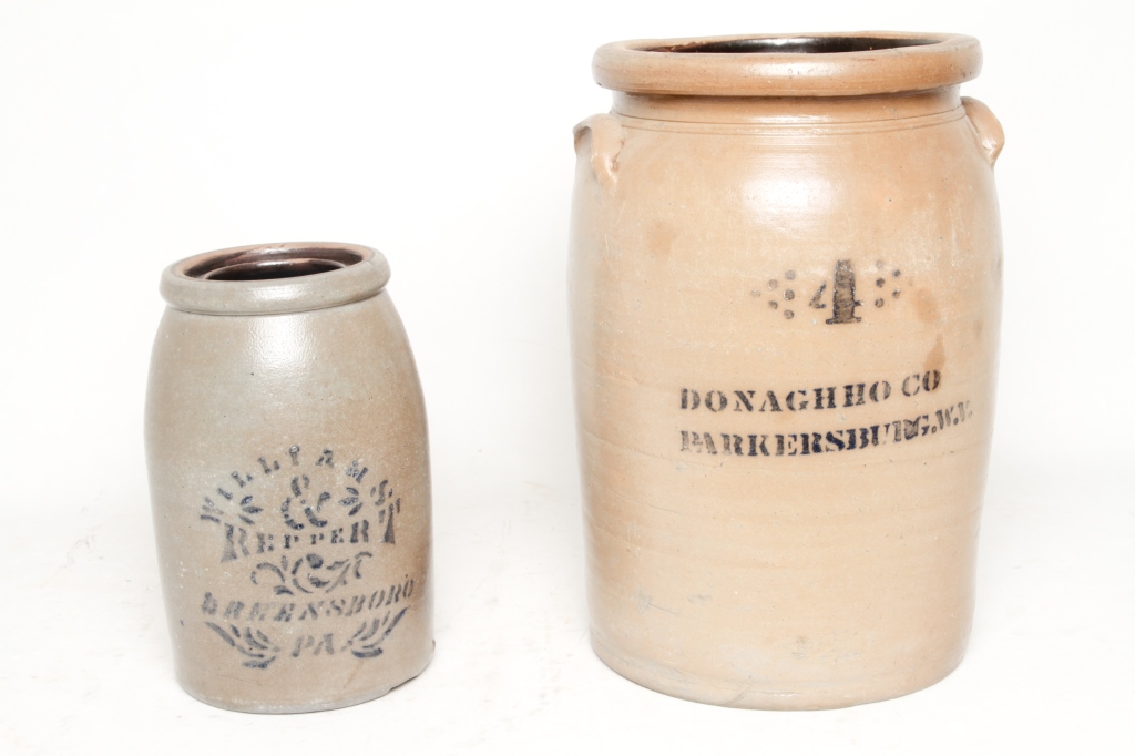 Two Pieces of Mid-Atlantic Stoneware 19th century. cobalt stencil decorated preserve jar marked ""