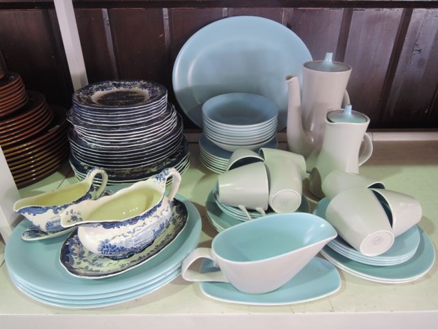 An extensive collection of Poole Pottery coffee and dinner wares in the grey and blue colourway