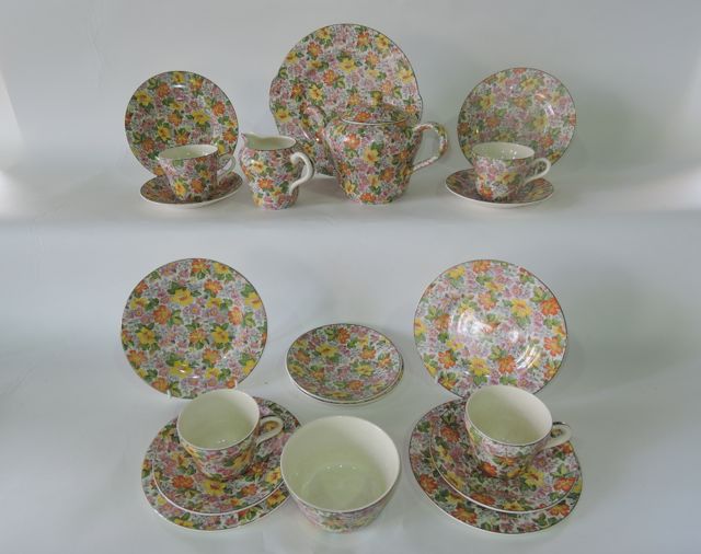 A collection of Langdale Chintz floral tea wares including teapot, milk jug, sugar bowl, cake