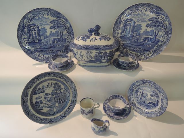 A collection of Spode Italian pattern blue and white printed wares including a pair of circular
