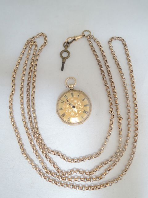An 18ct gold open-faced pocket watch, the gilt textured dial centred with a flat-chased floral