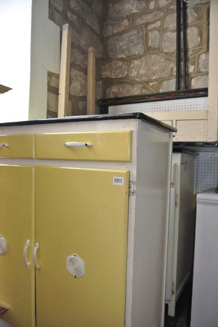 Two vintage kitchen work tables with frieze drawer, one with enamel top together with two similar