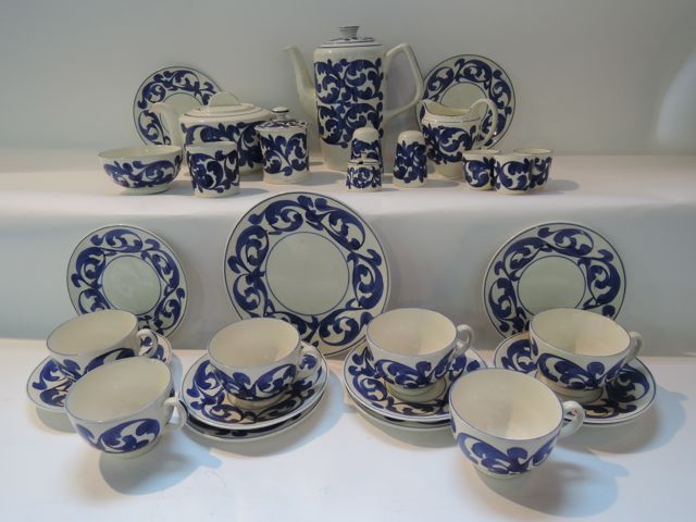 A collection of Royal Cauldon Bristol Ironstone Blue Scroll pattern wares comprising coffee pot,