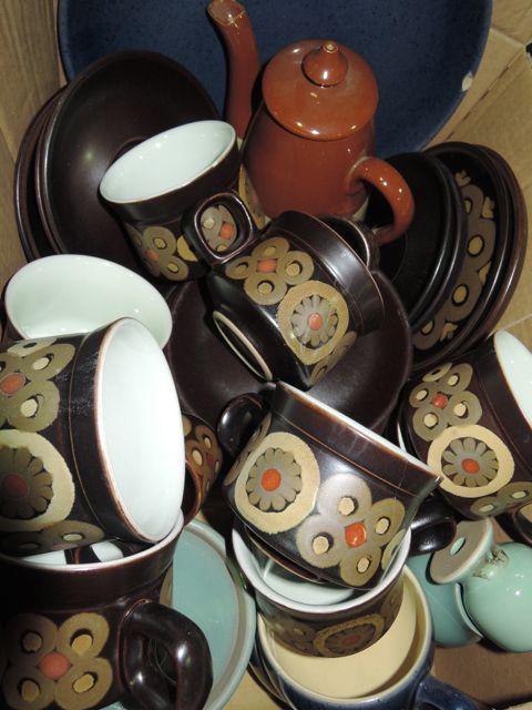 A quantity of mixed Denby including a number of Arabesque cups, saucers and plates, a brown