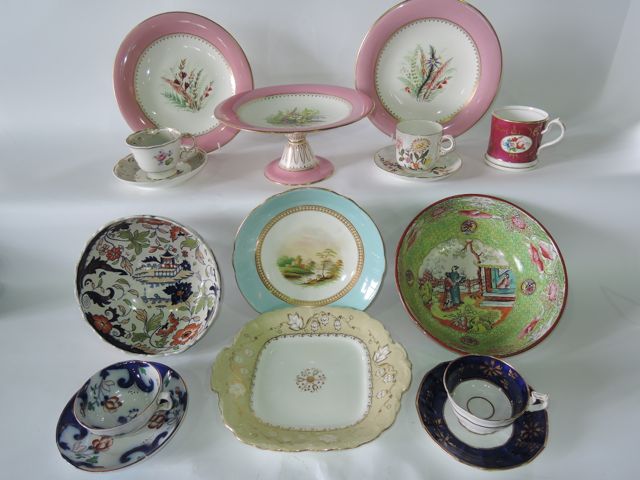 An interesting collection of 19th century and other ceramics including a green ground Mason`s patent