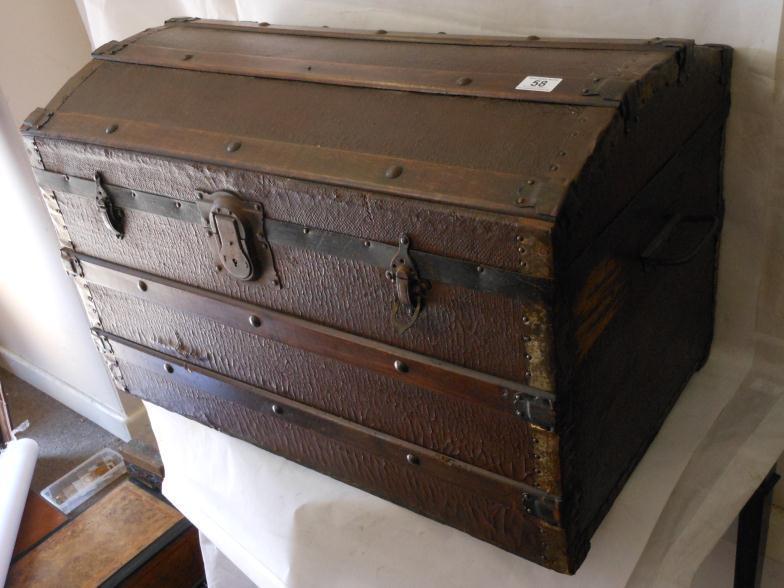 Vintage Wooden Bound Dome Topped Travelling Trunk Having Wheels : For Condition Reports and to BID