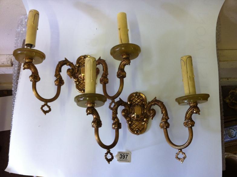 Pair Of Decorative Brass Sconces, Measuring 28inch high : For Condition Reports and to BID LIVE
