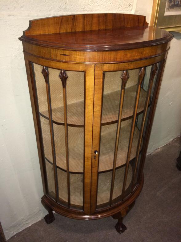 Wooden Bow Front Glazed Display Cabinet With Ball  & Claw Feet, With Three Shelves. Measures: 78
