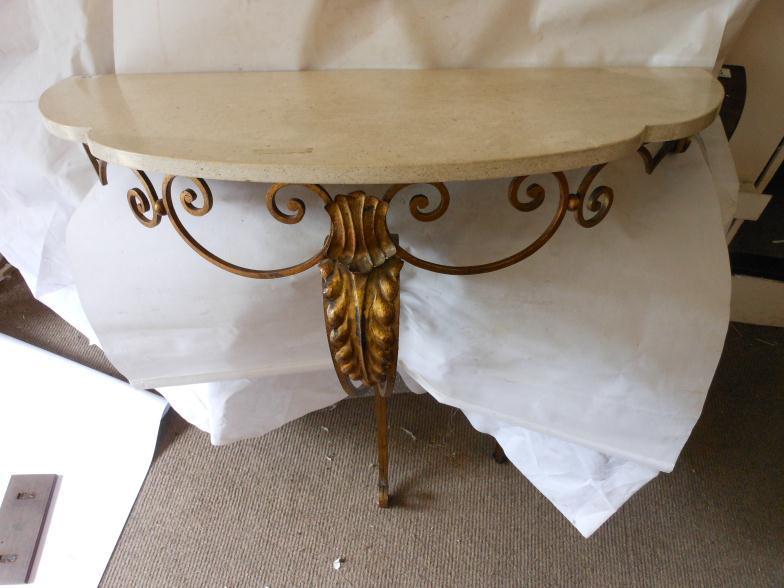 Circa 1920 Brass Gilt Demi-Lune Console Table With Scalloped Marble  Top : For Condition Reports