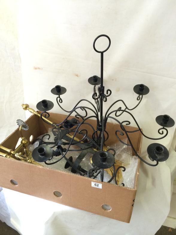 Box Containing Rought Iron Chandelier, Wall Sconces Along With Brass Fire Irons : For Condition