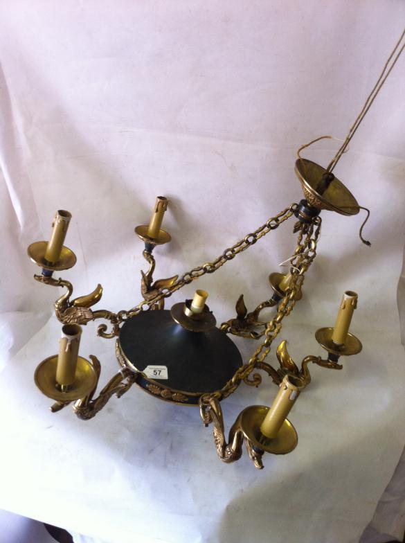 Stunning Empire Style 6 Swan Branch Chandelier Having Original Heavy Bronze Chain And Rose : For