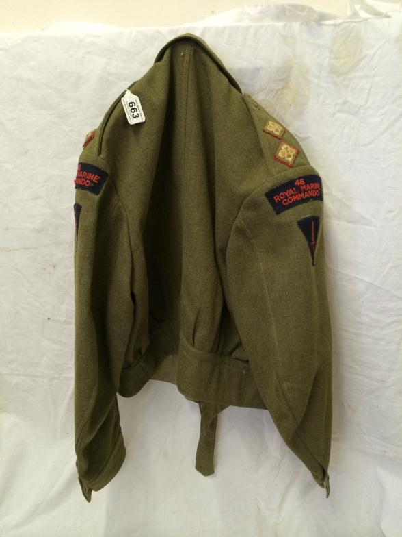 A British WW2 Commando Officers Battledress Jacket Dated 1945 .1st Lieut`s Rank Pips, 46 Royal