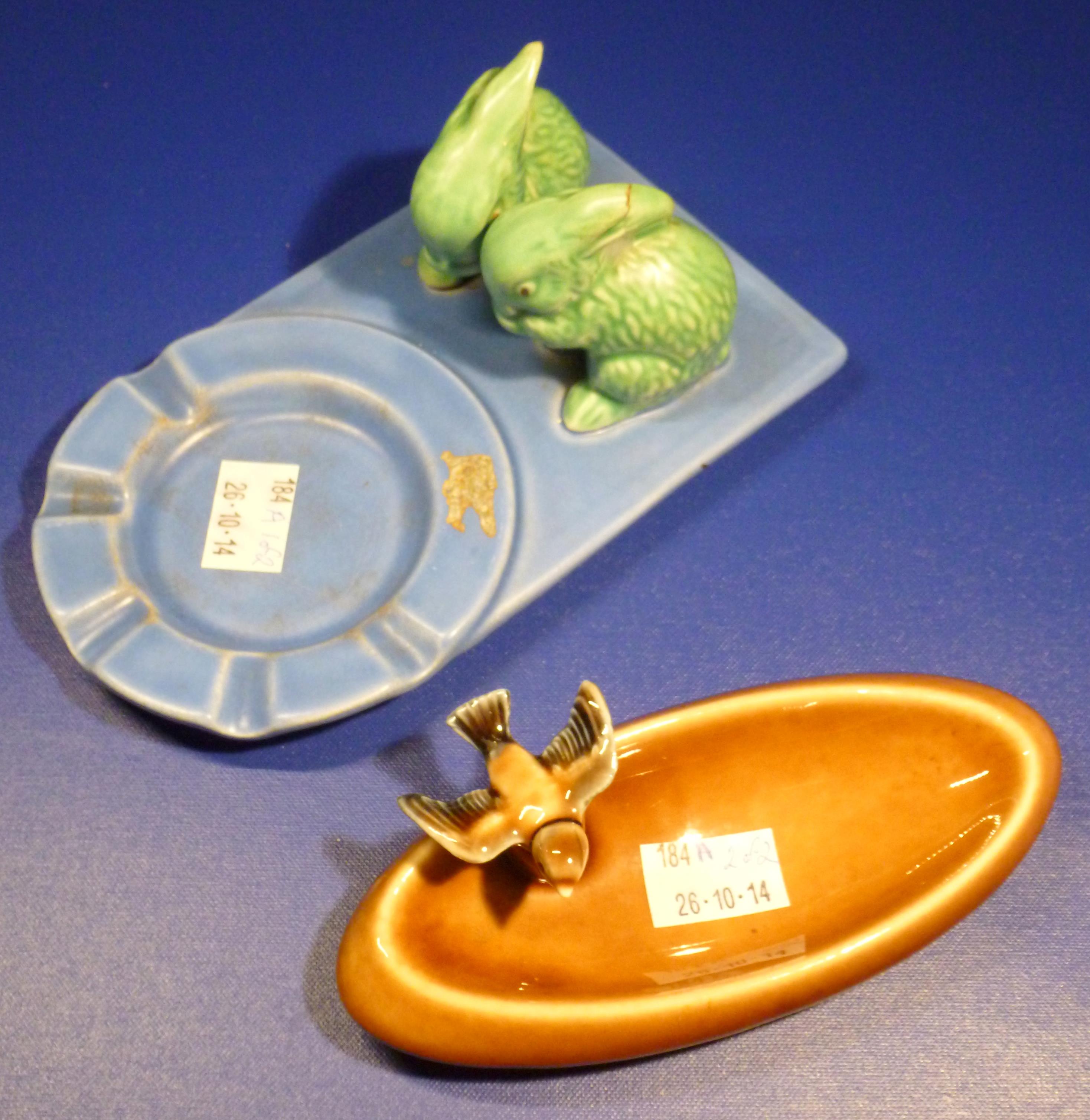 SYLVAC 1181 BLUE AND GREEN BUNNY RABBITS ASHTRAY AND A WADE ASHTRAY